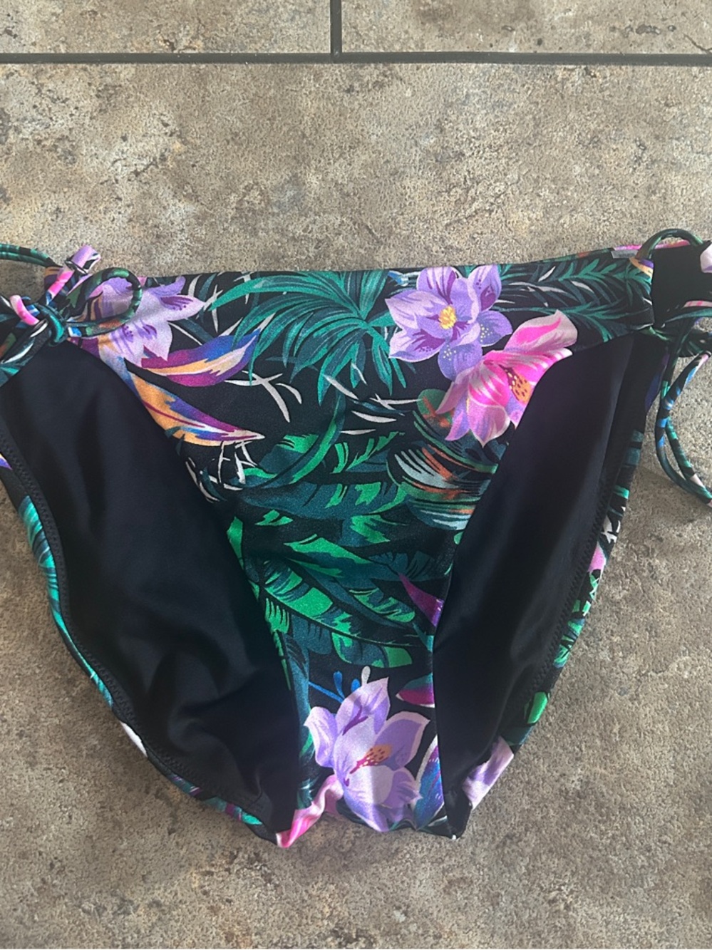 Victoria Secret  Tropical Tie-Side Bikini Bottom - Black with Purple & Green